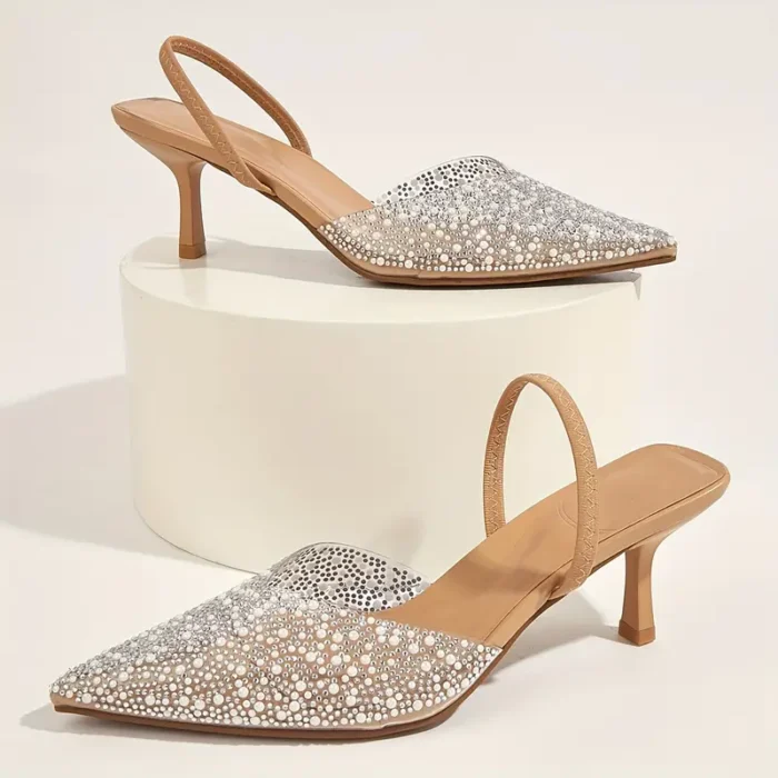 The Glamorous Silvery Open-toe Design With Crystal Heels And Transparent Chunky Heels Mules For Women Exude Charm With Shiny Decorations, Perfect For Indoor And Outdoor Summer Parties.