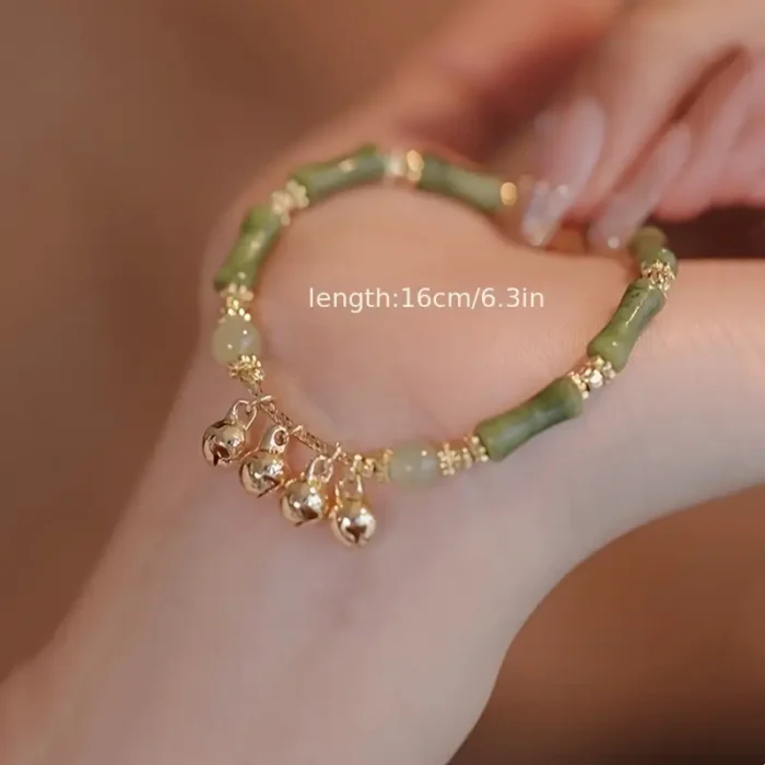 Chinese Style Bamboo Segment Bell Charm Bracelet, Faux Jade Color Glass Beads with Golden Tone Accents, Fashionable Daily Wear Jewelry Accessory
