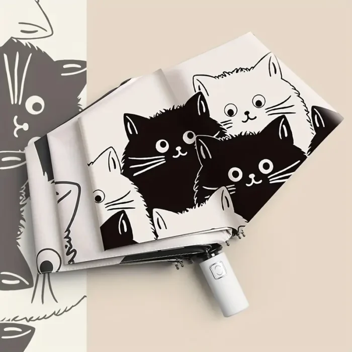 Simple Cartoon Kittens Printed Black And White Automatic Umbrella, Sunny And Rainy Dual-use UV Protection Umbrella, Thickened And Reinforced Umbrella Frame