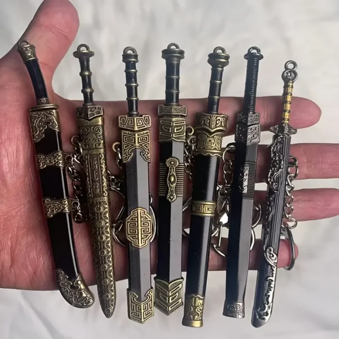 7pcs Mini Sword Keychain Set with Sheath - Yellow Zinc Alloy, Perfect for Outdoor Enthusiasts & Collectors 18+