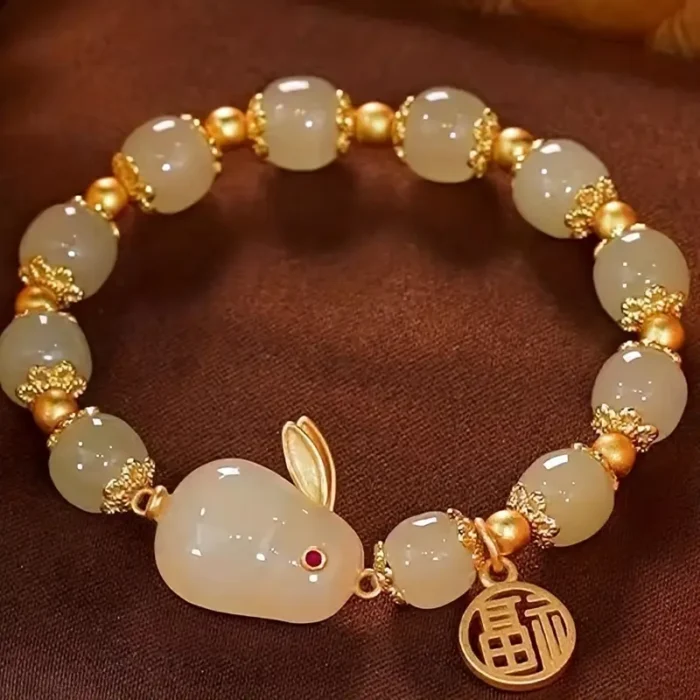 Year Of Rabbit Lucky Charm Imitation Jade Rabbit Bracelet, Faux Agate Glass Bracelet For Girls, Ideal choice for Gifts