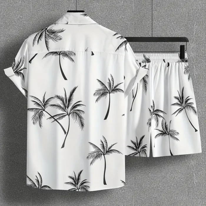 Coconut Tree Print,Casual Camp Collar Lapel Button Up Short Sleeve Shirts Hawaiian Shirt And Drawstring Shorts Set For Summer